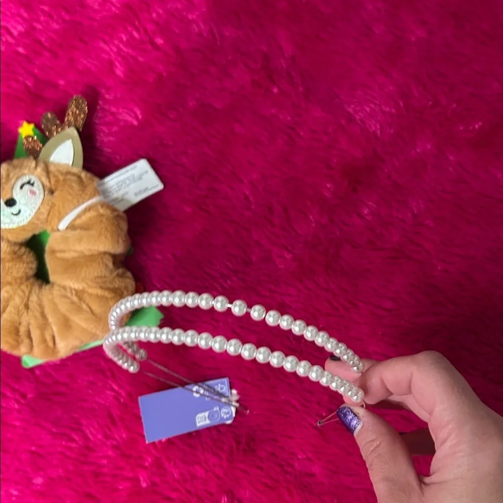 Cute Reindeer Scrunchie and Pearl Headband Set